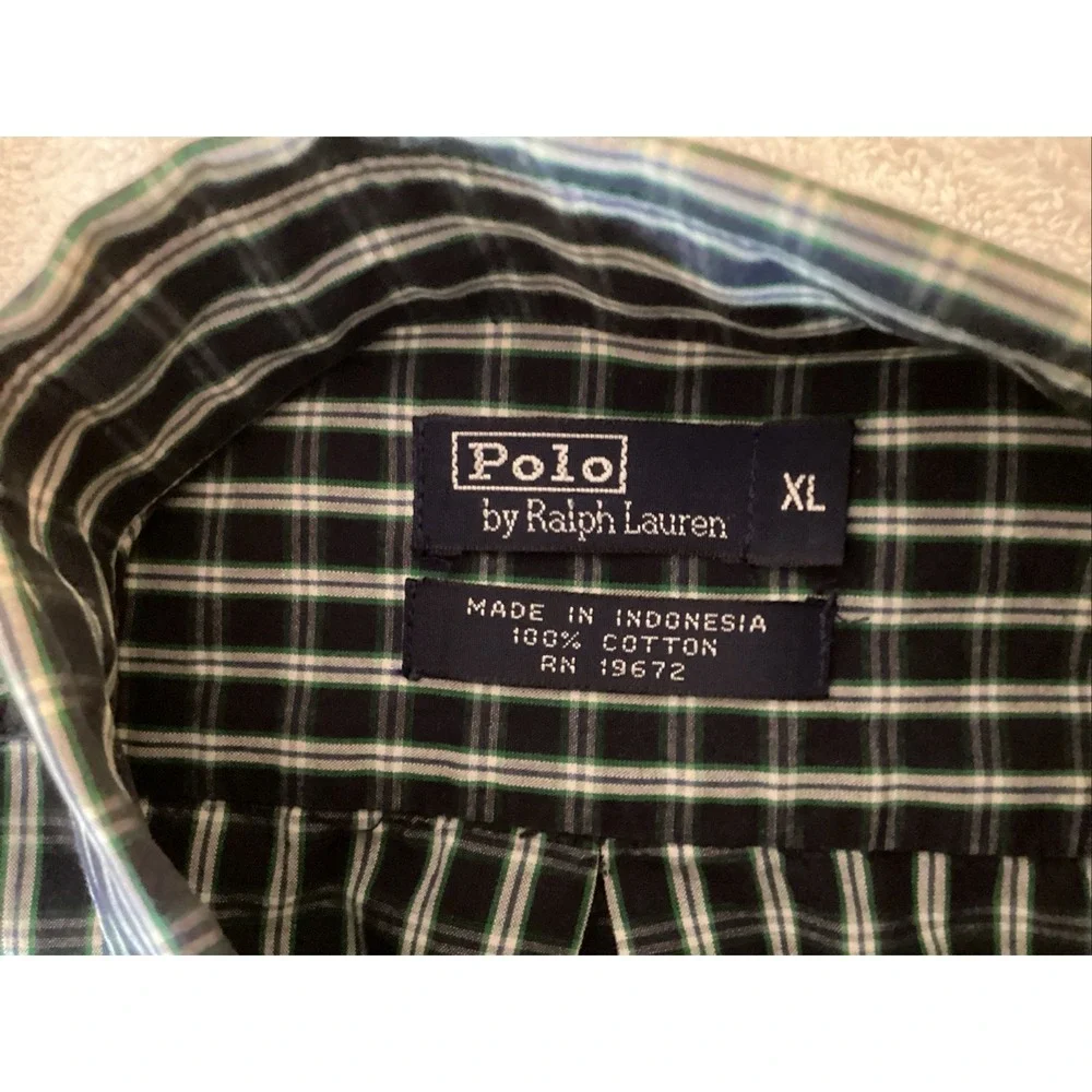 Ralph Lauren Boys Blue White Plaid S Sleeve Button Up Shirt Size XL Red Pony Vtg